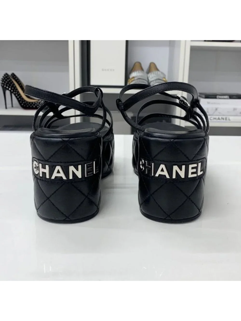 Chanel Quilted CC Logo Leather Strap Platform Sandals Black